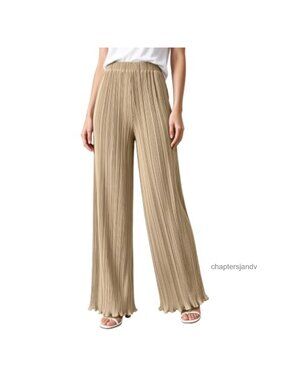 Satin Silk Pleated Wide Leg Palazzo Pants Flowy Casual